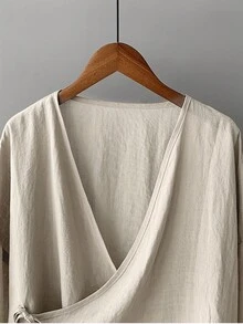 Plus Size Women's Linen Blend Tie Front Top, Loose Vintage Top - Beige - View 3