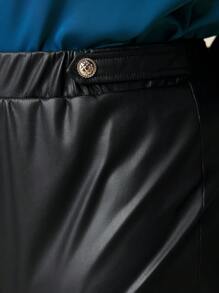 BizChic Plus Size Women's Solid Color PU Leather Button Decor Leggings - Black - View 5