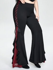 ROMWE Goth Pantalones acampanados de talla grande para mujeres con diseño a bloques de color, encaje y lazo en estilo punk oscuro - Negro - Ver 7