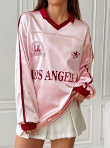 SHEIN Unity American Colorblock Print Striped Sleeve Loose Polo Collar Long Sleeve Sweatshirt, Autumn Pullover Fall Sweatshirt - Pink - View 1