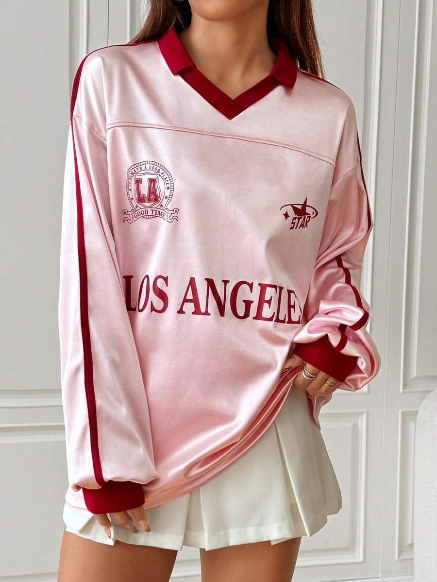 SHEIN Unity American Colorblock Print Striped Sleeve Loose Polo Collar Long Sleeve Sweatshirt, Autumn Pullover Fall Sweatshirt - Pink - View 1
