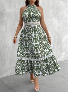 SHEIN Clasi Plus Size Women Boho Plant Print Ruffle Hem Halter Dress For Vacation, For Summer - Green - View 1