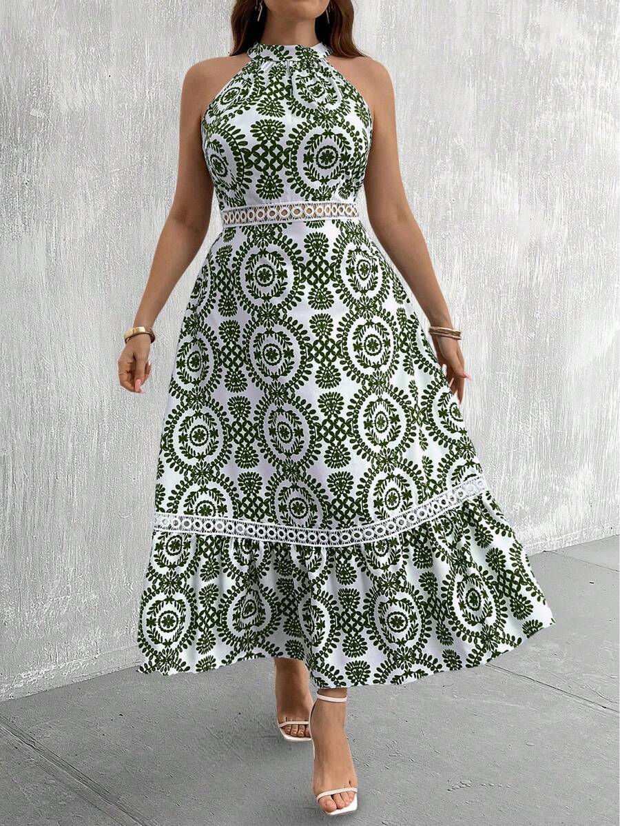 SHEIN Clasi Plus Size Women Boho Plant Print Ruffle Hem Halter Dress For Vacation, For Summer - Green - View 1