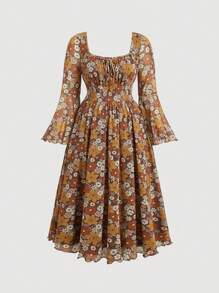 SHEIN MOD Plus Size Women's Mesh Floral Print Ruched Bust Vintage Long Sleeve Dress - Multicolor - View 1