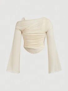 SHEIN MOD Áo thun lưới dệt kim vai bất đối xứng cỡ lớn 2 trong 1, màu mơ - Màu be - Xem 2