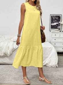 Pariaura 女士宽松休闲圆领无袖荷叶边下摆褶皱纹理面料连衣裙长款女装 - 黃色 - 查看 6