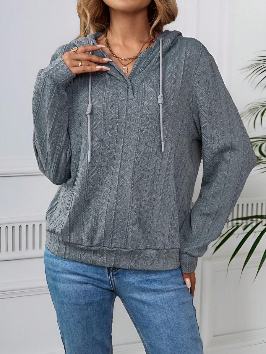 EMERY ROSE 女士纯色连帽长袖休闲日常时尚提花针织运动衫 - 藍色 - 查看 1