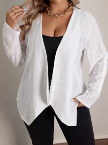 Calvaya Chaqueta informal con mangas vueltas y apertura delantera de unicolor para mujer talla grande, primavera y otoño