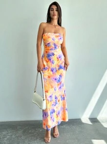 SHEIN Privé Vestido con cuello drapeado y espalda al aire con cola de pez para graduación, vacaciones, fiesta - Albaricoque - Ver 5