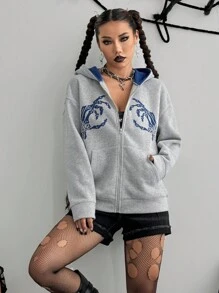 SHEIN Unity 万圣节图案拼色拉链连帽衫运动衫夹克 - 淺灰色 - 查看 4