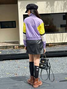 SHEIN Tween Girl Letter In Collage Tay áo PU & Áo khoác bóng chày có viền sườn - Nhiều màu - Xem 2