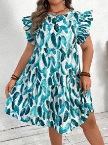 SHEIN VCAY Plus Size Cổ Thuyền Tay Áo Có Lông In Họa Tiết Hoa Đầm - Màu xanh ngọc - Xem 5
