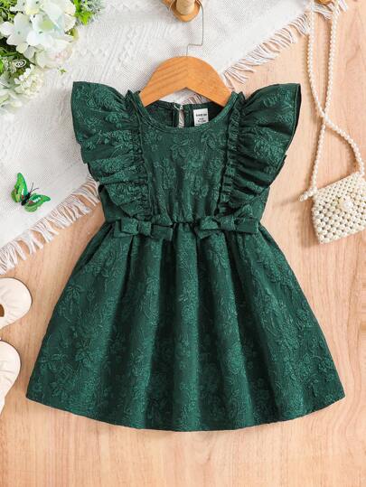 SHEIN Vintaside Kids Soft Jacquard Fabric Round Collar Ruffle Hem Bowknot Elegant Style Baby Girls' Dress, Spring/Summer