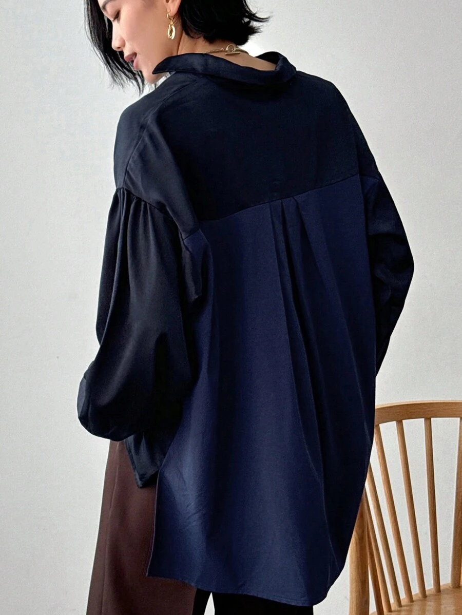 FRIFUL 女士纯色落肩长袖宽松休闲衬衫，春夏秋装 - 藏蓝色 - 查看 1