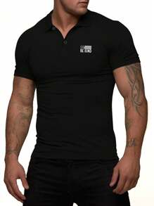 Gym Rark Boyfriend Style Men Summer Letter American Flag Printed Short Sleeve Casual Sports Polo Top Breathable - Black - View 4