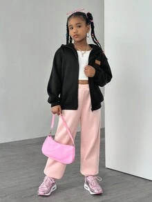 SHEIN 2pcs Gothic Text Fleece Sweatshirt & Pants Set For Tween Girls - Black - View 4