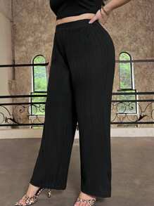 SHEIN EZwear Plus Solid Ribbed Knit Trousers - Black - View 4