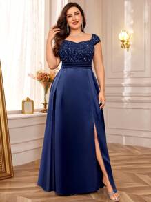 Plus Sleeveless Sequin Insert Lace Bodice Contrast Satin Split Thigh Hem Prom Formal Party Dress - Màu xanh hải quân - Xem 4