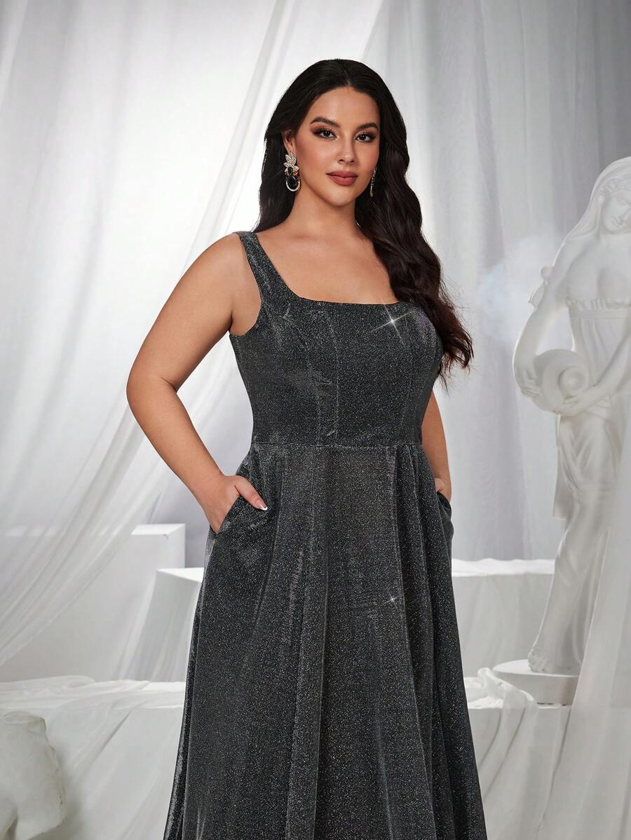 SHEIN Belle Váy dạ hội chữ A cổ vuông buộc dây xương cá màu tím đậm cỡ lớn, váy dạ hội trang trọng thanh lịch, dành cho khách dự tiệc cưới, tốt nghiệp, tiệc tối - Màu xanh lam - Xem 1