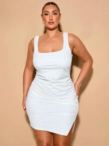 SHEIN BAE Váy tốt nghiệp màu trơn cổ vuông xếp ly hở lưng cỡ lớn cho nữ, váy mùa hè màu trắng có xẻ tà và chi tiết dây - trắng - Xem 2