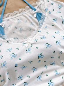 Soleia Damska koszulka w stylu vintage w kolorze czerwonym i białym, z koronką w drobne kwiaty, z kołnierzykiem, w kontrastowym kolorze, z krótkim rękawem i uroczą kokardką, 2 w 1 w stylu baletowym, na co dzień, na lunch, do szkoły, na lato