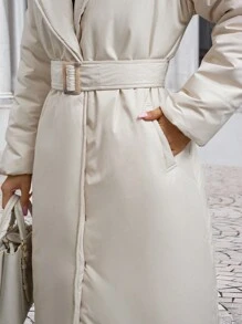 EURMUSE Belt Detail Long Fashionable Elegant Puffy Wrapped Winter Coat - Beige - View 7