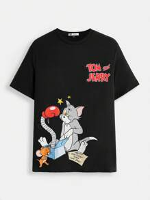 TOM & JERRY X SHEIN Men's Casual Cartoon & Letter Print Short Sleeve T-Shirt, Summer,Graphic Tee