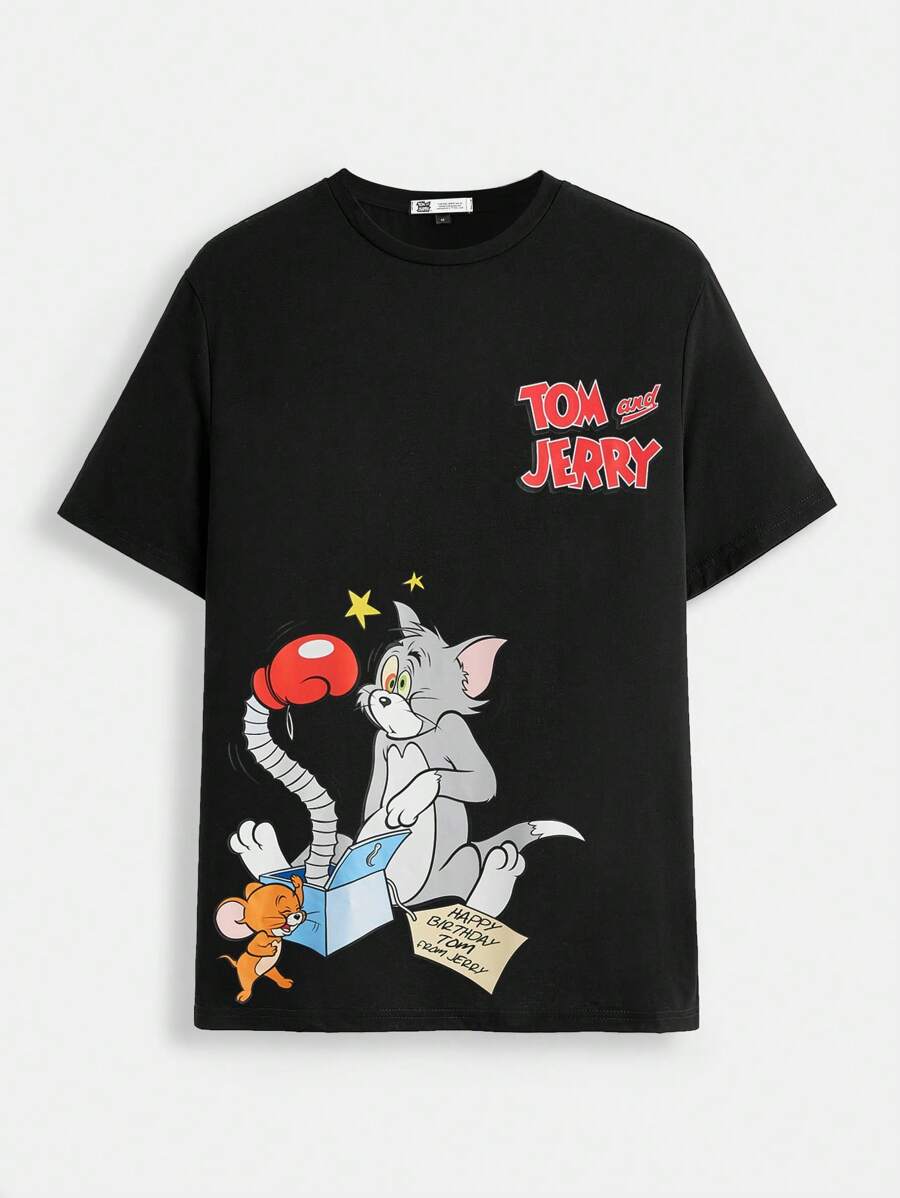 TOM & JERRY X SHEIN Men's Casual Cartoon & Letter Print Short Sleeve T-Shirt, Summer,Graphic Tee