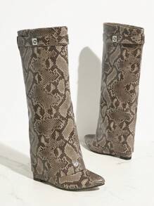 SHUZIA 女士鞋尖头坡跟蛇纹 PU 靴女士时尚及膝靴 - 彩色 - 查看 2