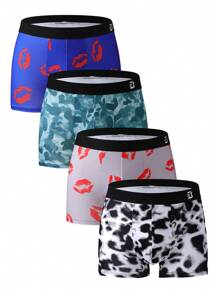 Men's Random Lip Print Briefs Undergarment , 4 Pcs - Multicolor - View 8