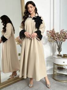 Al Najma 大码女式 3D 花卉装饰长袖连衣裙，阿拉伯时尚，阿拉伯服饰端庄优雅连衣裙，卡夫坦 - 杏色 - 查看 4
