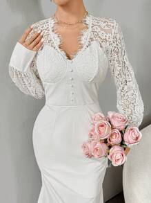 Modelyn Women's V-Neck Long Sleeve Stylish Elegant Charming Gracious Chic Short Dress - White - View 5