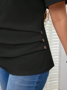 SHEIN LUNE Áo thun thường ngày cổ chữ V màu mơ cỡ lớn, mùa xuân hè - màu đen - Xem 6