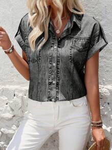 SHEIN LUNE Áo Sơ Mi Tay Ngắn Phía Trước In Nút, Mùa Hè - màu đen - Xem 3