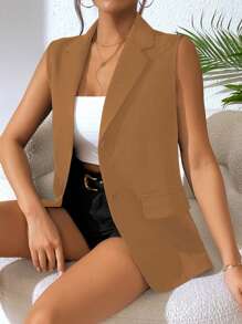 Chiquease Áo blazer không tay có nút phía trước màu trơn - màu nâu - Xem 4