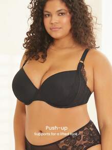 LUVLETTE Lencería negra sexy talla grande con sujetador de encaje y malla con cobertura completa y push-up