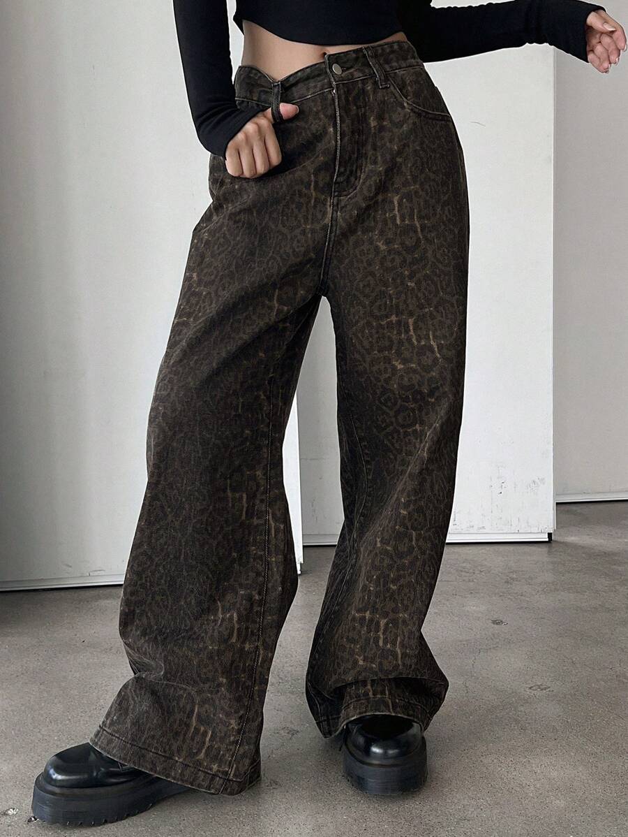 DAZY 女式纯色拉链休闲阔腿牛仔裤 Y2k