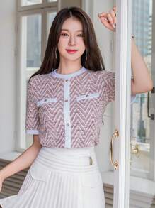 DAZY Camiseta de cuello redondo elegante de oficina con estampado de espiga, adecuada para el Día de San Valentín y el verano