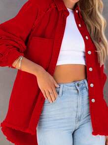 Frayed Edged Fashionable Loose Fit Pink Denim Jacket - Red - View 6