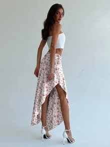 Aloruh Young Women's Romantic Floral Print Low Waist Slit Flare Hem Solid Color Pleated Long Skirt - Multicolor - View 2