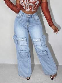 Slaydiva Solid Color Pocket Button Casual Wide Leg Jeans