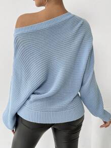 Chiquease Suéter holgado de mujer con cuello asimétrico y mangas de murciélago, de otoño e invierno, tejido de punto - Neblina azul - Ver 2