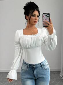 Selianne 女士纯色简约日常喇叭袖方领衬衫、长袖上衣 - 白色 - 查看 3