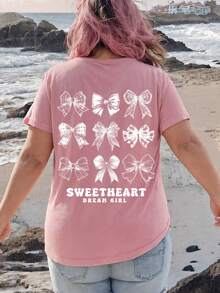 SHEIN EZwear 大码休闲简约蝴蝶印花圆领短袖 T 恤，大码女式夏季图案 T 恤 - 藕粉色 - 查看 2