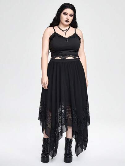 Goth Set estivo da 2 pezzi per taglie grandi, composto da una canottiera con pendente a croce gotico e una gonna lunga asimmetrica con orlo in pizzo