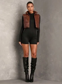 SHEIN BAE 女士简约纯色短款皮夹棉外套、羽绒背心皮夹克秋季女款 - 黑與白 - 查看 4