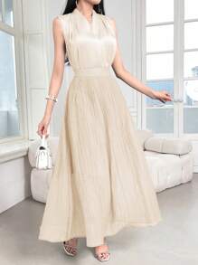 Modelyn 女装夏季纯色褶皱V领无袖衬衫和长裙优雅精致两件套，优雅晚会礼服 - 米色 - 查看 1