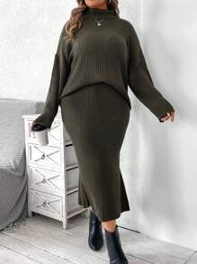 SHEIN LUNE Bộ áo len cổ lọ cỡ lớn kèm chân váy midi - Áo len cổ cao kết hợp với chân váy midi xẻ tà. Tiệc tùng, lễ hội âm nhạc, đồ mặc nhà, sự kiện trở lại trường, tặng quà và mua sắm. Bộ đồ mùa thu cho nữ, áo len cổ lọ, bộ vest nữ, váy mùa đông cho nữ, bộ đồ hai mảnh gợi cảm, váy thanh lịch cho nữ, quần áo mùa thu cong, trang phục mùa thu hai mảnh, - xanh quân đội - Xem 6