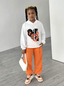 SHEIN 青少年女孩卡通女孩连帽衫和工装裤两件套服装