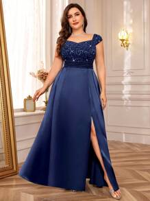 Plus Sleeveless Sequin Insert Lace Bodice Contrast Satin Split Thigh Hem Prom Formal Party Dress - Màu xanh hải quân - Xem 6
